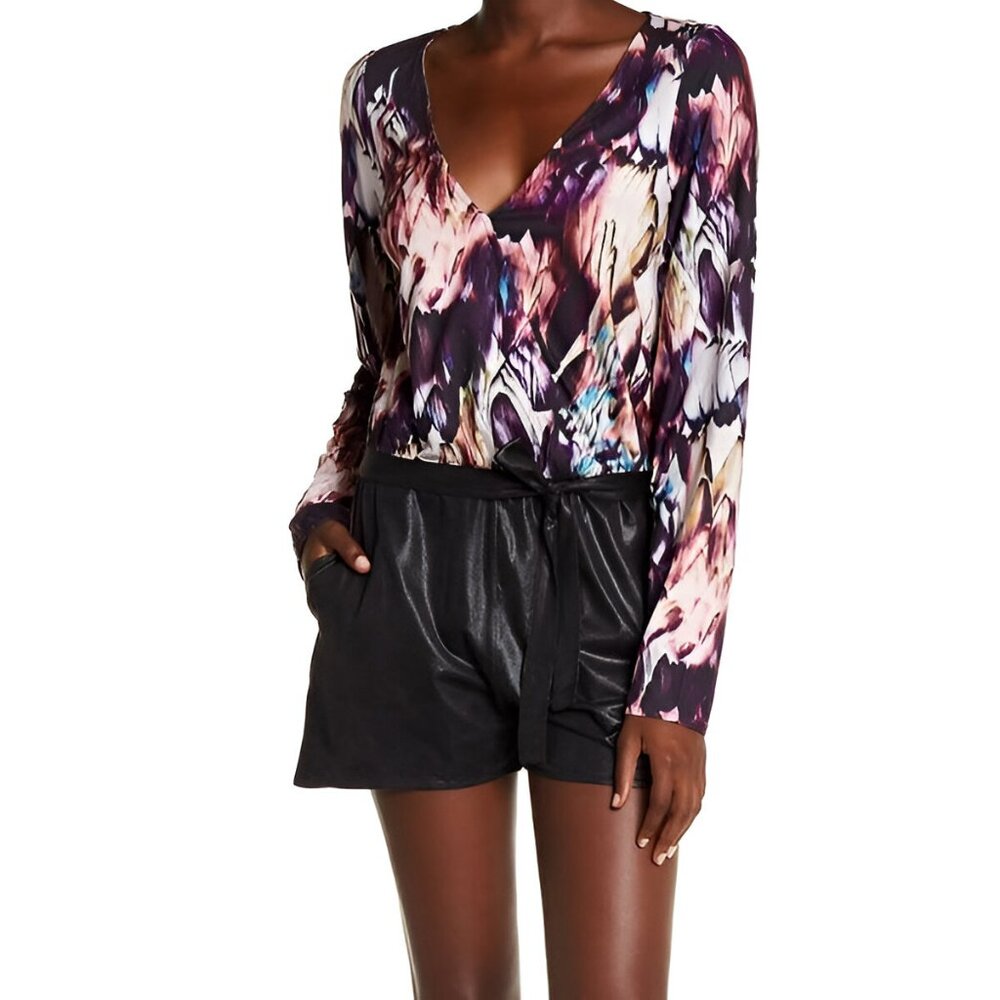 NWT Astars Black White Purple Abstract Geo Pockets Vegan V-Neck Dress Romper S